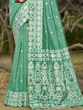 Teal Linen Blend Saree With Blouse Piece