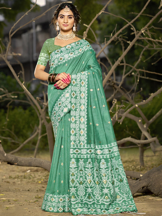 Teal Linen Blend Saree With Blouse Piece