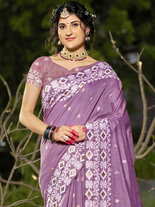 Purple Linen Blend Saree With Blouse Piece