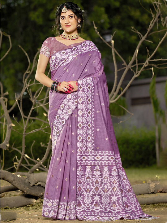 Purple Linen Blend Saree With Blouse Piece