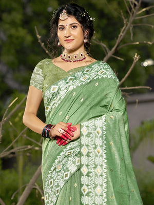 Green Linen Blend Saree With Blouse Piece