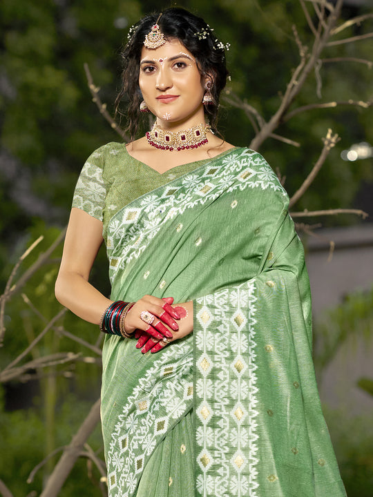Green Linen Blend Saree With Blouse Piece