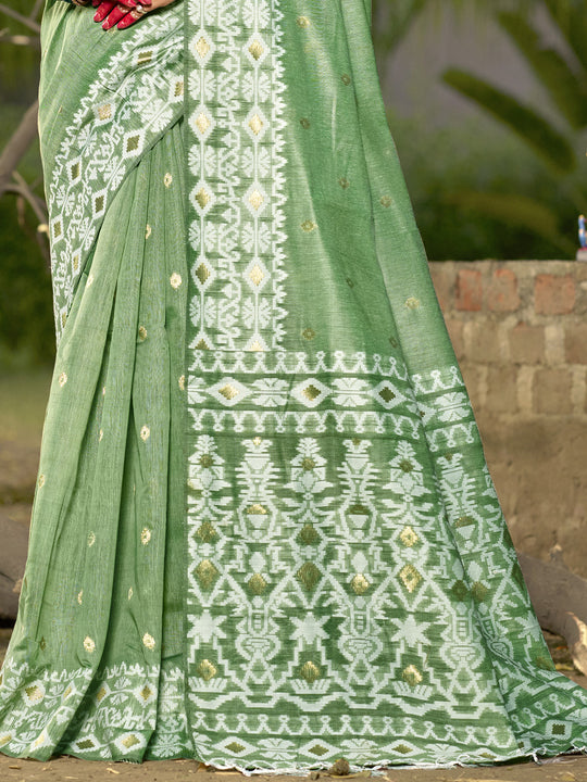 Green Linen Blend Saree With Blouse Piece