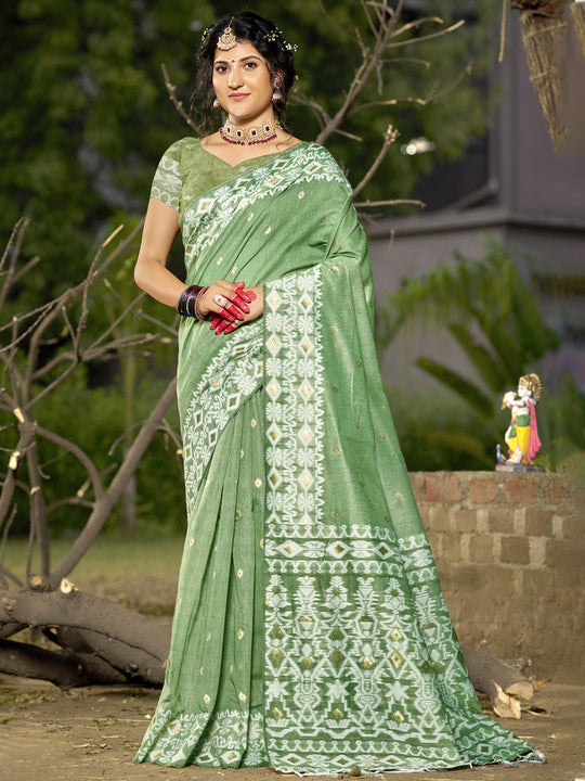 Green Linen Blend Saree With Blouse Piece