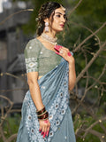 Grey Linen Blend Saree With Blouse Piece