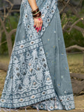 Grey Linen Blend Saree With Blouse Piece
