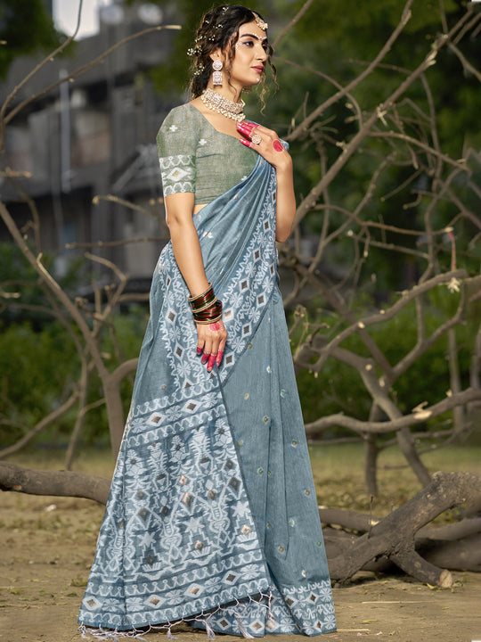 Grey Linen Blend Saree With Blouse Piece