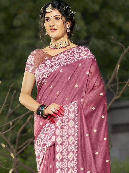 Pink Linen Blend Saree With Blouse Piece