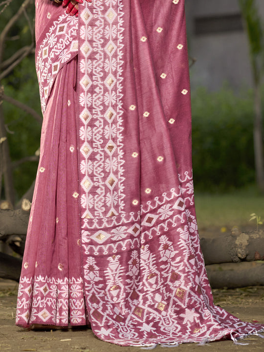Pink Linen Blend Saree With Blouse Piece