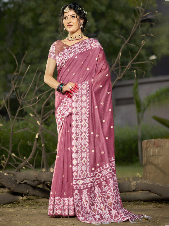 Pink Linen Blend Saree With Blouse Piece