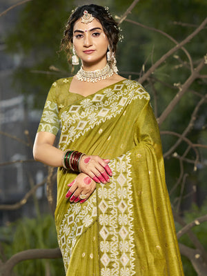 Olive Linen Blend Saree With Blouse Piece