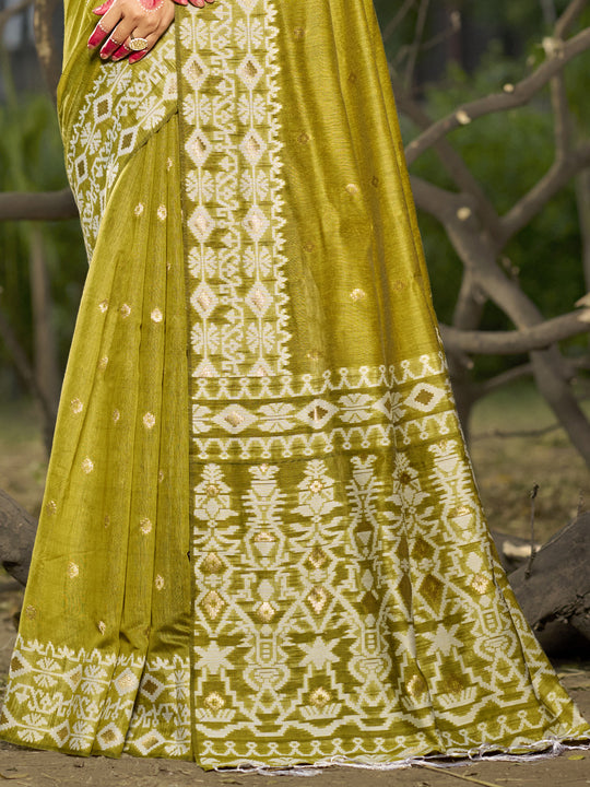 Olive Linen Blend Saree With Blouse Piece