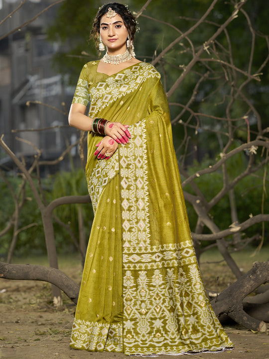 Olive Linen Blend Saree With Blouse Piece
