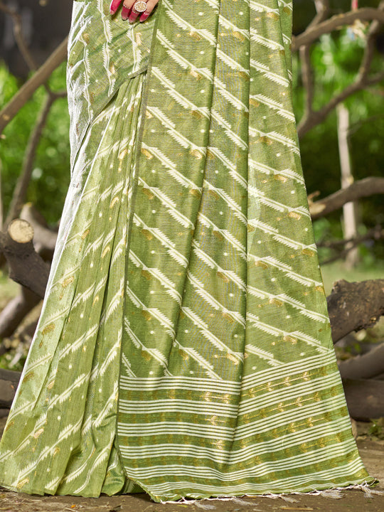Green Linen Blend Saree With Blouse Piece