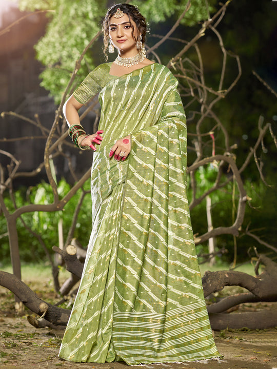 Green Linen Blend Saree With Blouse Piece