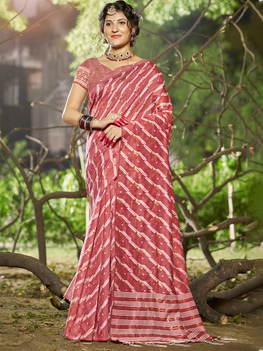 Pink Linen Blend Saree With Blouse Piece