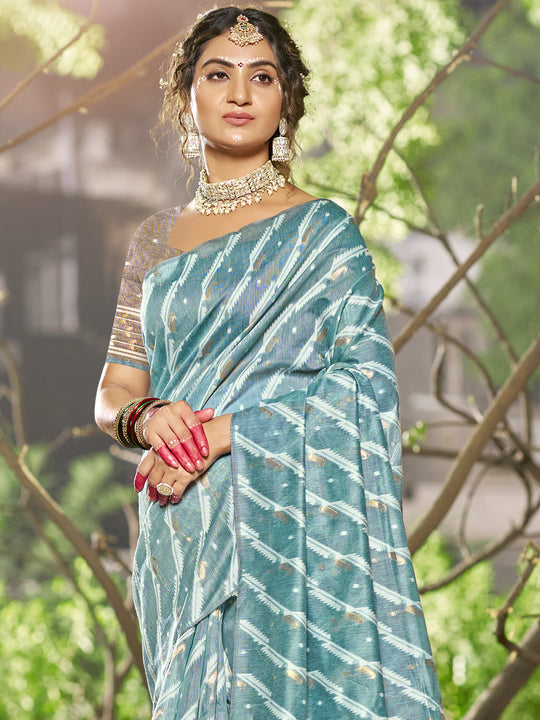 Blue Linen Blend Saree With Blouse Piece
