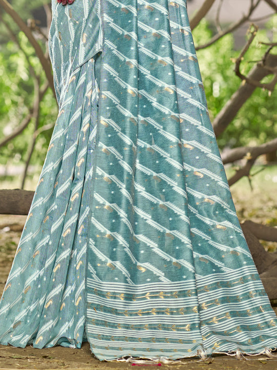 Blue Linen Blend Saree With Blouse Piece