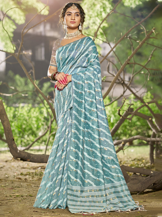 Blue Linen Blend Saree With Blouse Piece