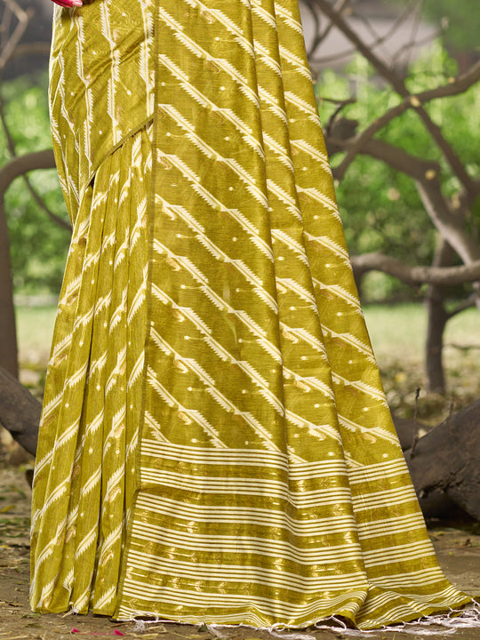 Olive Linen Blend Saree With Blouse Piece