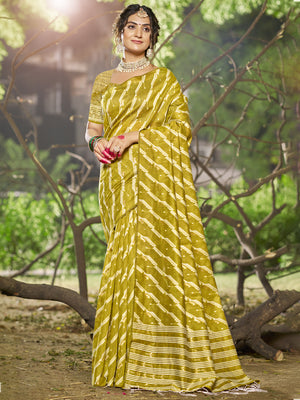 Olive Linen Blend Saree With Blouse Piece