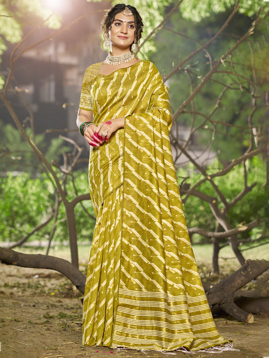 Olive Linen Blend Saree With Blouse Piece