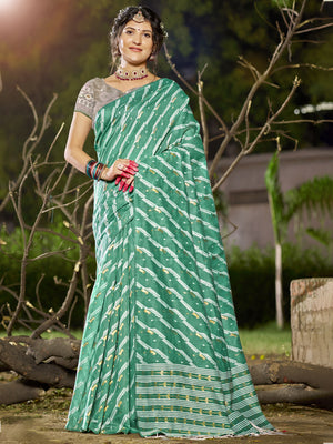 Teal Linen Blend Saree With Blouse Piece