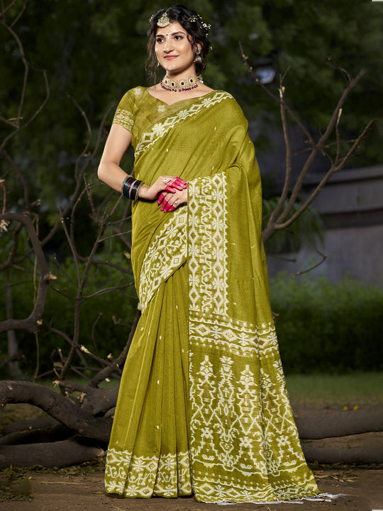 Olive Cotton Saree With Blouse Piece