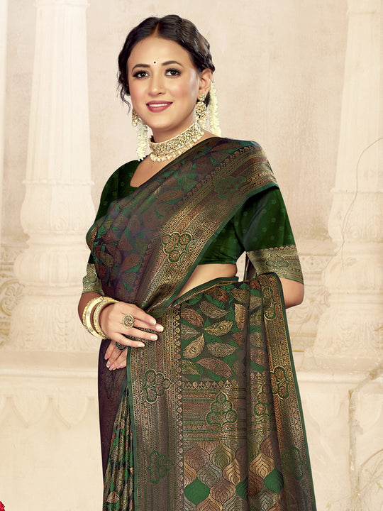 Green Satin Saree With Blouse Piece