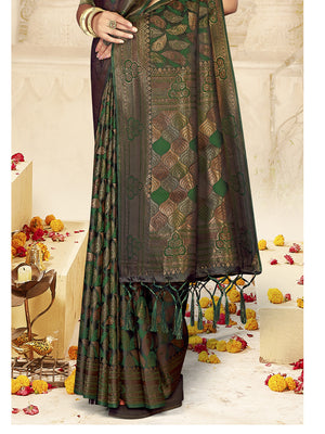 Green Satin Saree With Blouse Piece