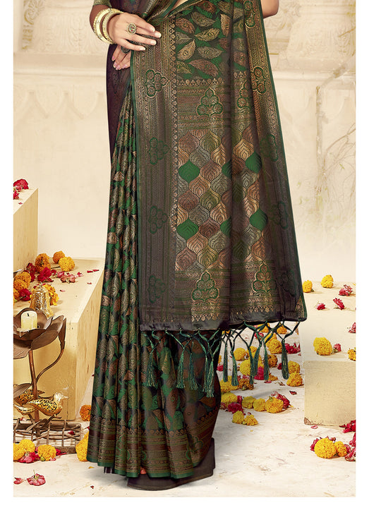 Green Satin Saree With Blouse Piece