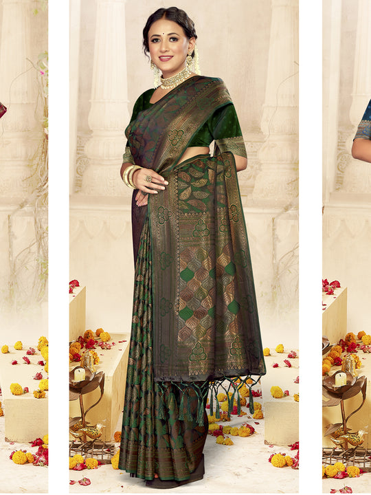 Green Satin Saree With Blouse Piece