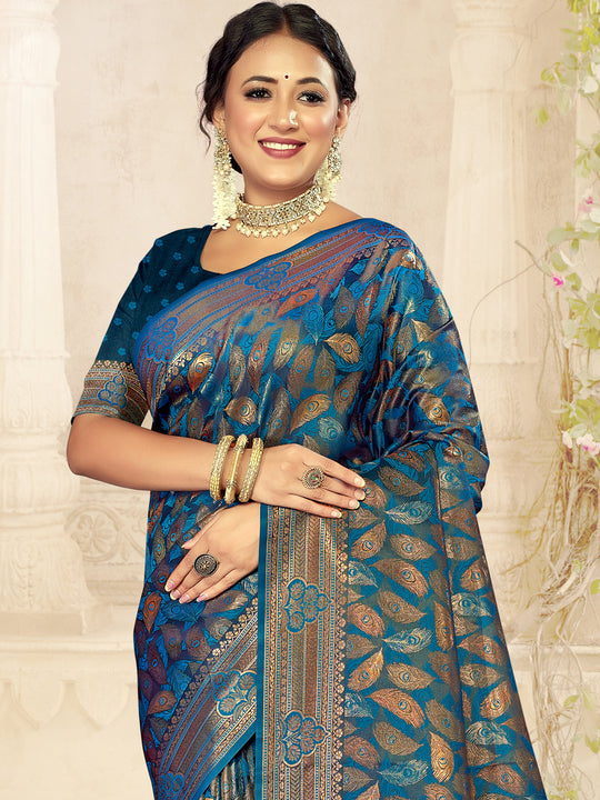 Blue Satin Saree With Blouse Piece