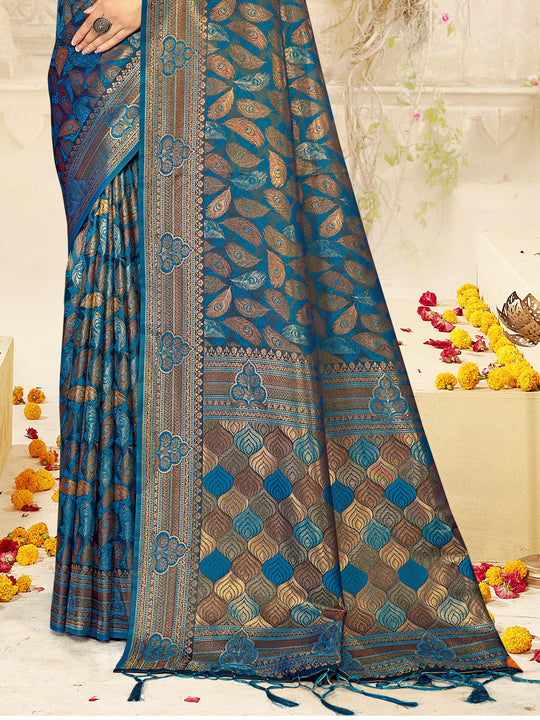 Blue Satin Saree With Blouse Piece