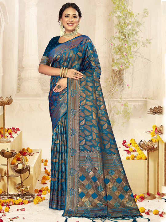 Blue Satin Saree With Blouse Piece