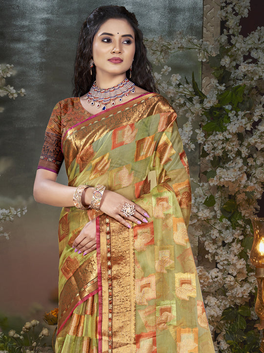 Olive Chanderi Saree With Blouse Piece
