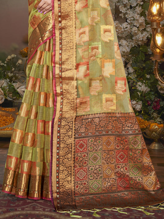 Olive Chanderi Saree With Blouse Piece