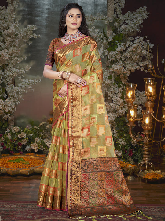 Olive Chanderi Saree With Blouse Piece