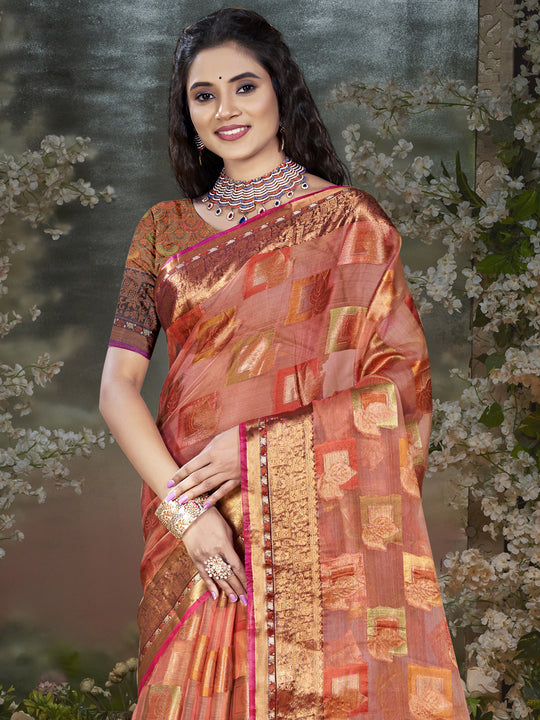 Pink Chanderi Saree With Blouse Piece