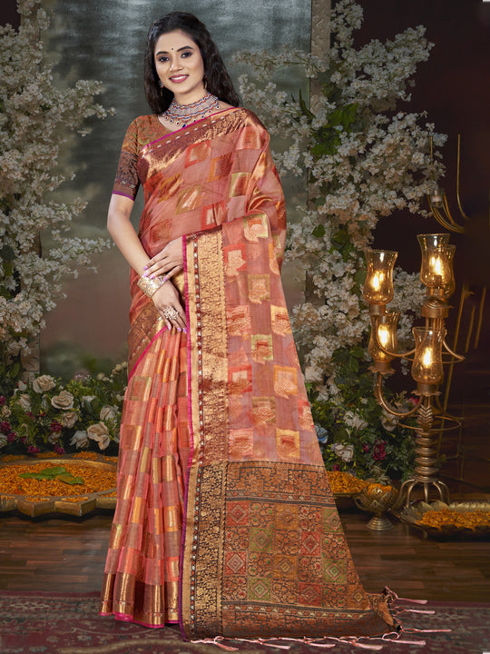 Pink Chanderi Saree With Blouse Piece