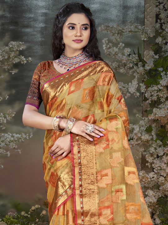 Brown Chanderi Saree With Blouse Piece