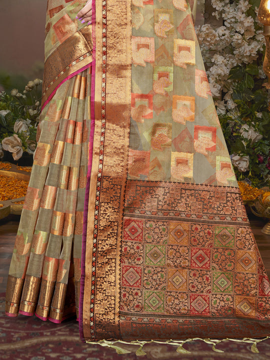 Grey Chanderi Saree With Blouse Piece