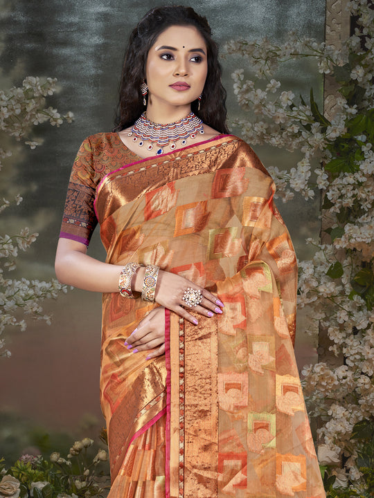 Peach Chanderi Saree With Blouse Piece