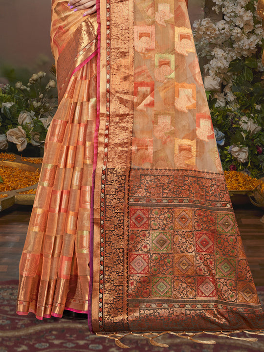 Peach Chanderi Saree With Blouse Piece