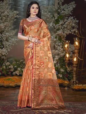 Peach Chanderi Saree With Blouse Piece