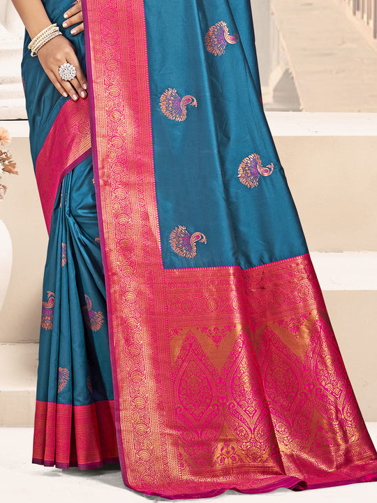Blue Silk Saree With Blouse Piece