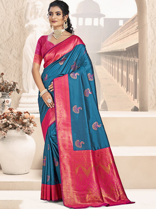 Blue Silk Saree With Blouse Piece