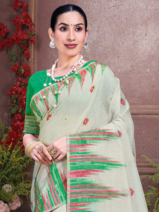 Cream Cotton Saree With Sea Green Blouse Piece