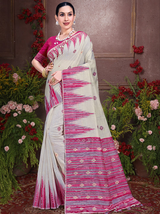Cream Cotton Saree With Pink Blouse Piece