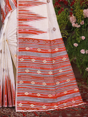 Cream Cotton Saree With Orange Blouse Piece